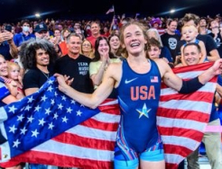 Sarah Hildebrandt with family and friends after winning her Gold Medal match (2024 Olympics)