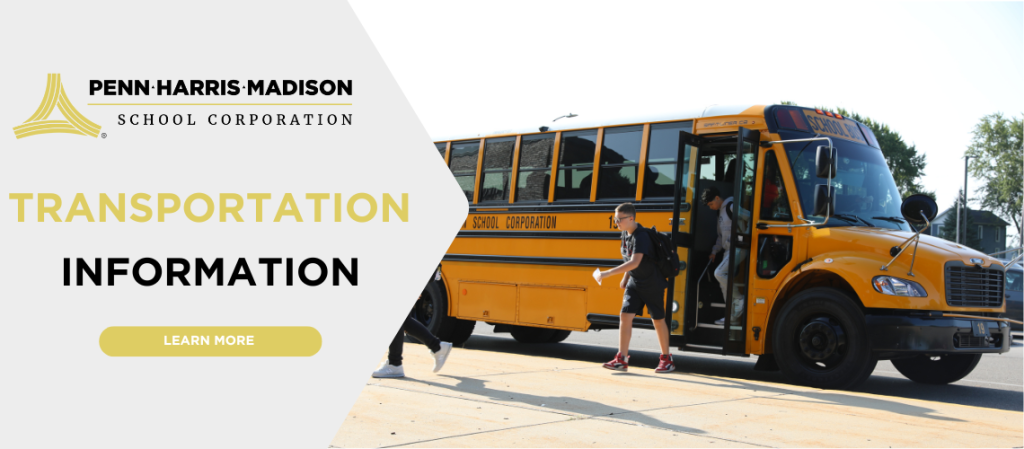School bus parked at a bus stop with text overlay reading 'PENN HARRIS MADISON SCHOOL CORPORATION