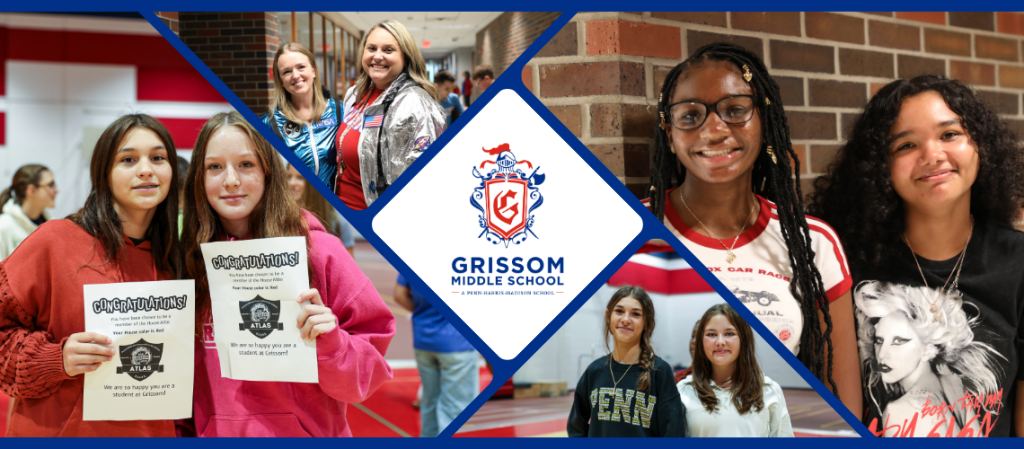 A collage of photos from a school event, featuring students holding signs and posing for pictures, with a central banner