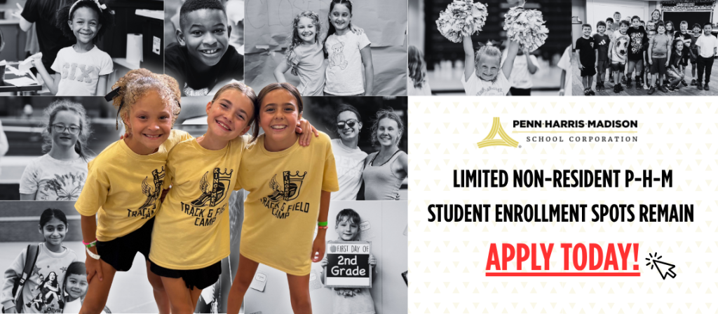 Three young girls in yellow shirts posing for a picture at a school event. The sign behind them says "Limited Non-Resident