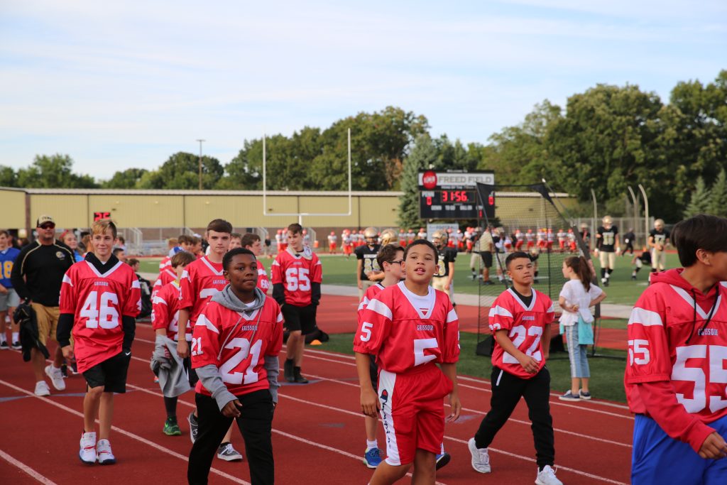 Football team on field, lined up in front of stadium, ready for game.